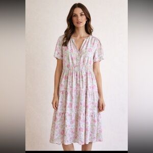 Casa Cabana Dress Woman XL Pastel Floral Tiered V Neck Coquette Boho Linen Blend